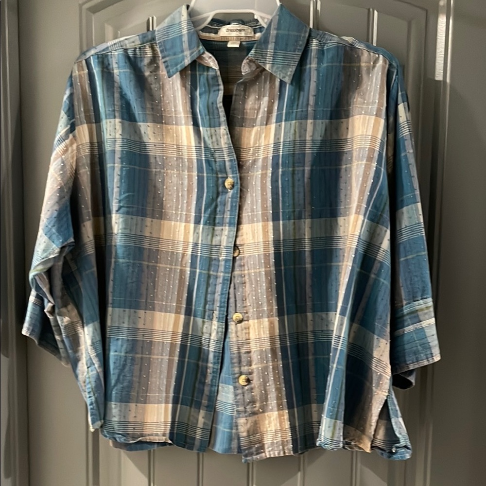 Dress Barn Blue and Tan Casual Button Down Shirt